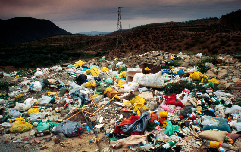 Plastica contro carta ecologica. Isole di plastica contro oasi di fiori.